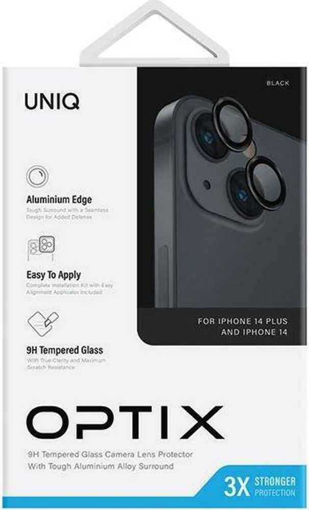 UNIQ Optix aliuminio kameros objektyvo apsauga Apple iPhone 14 6.1" / 14 Plus 6.7" vidurnakčio juodas stiklinis skirtukas abu
