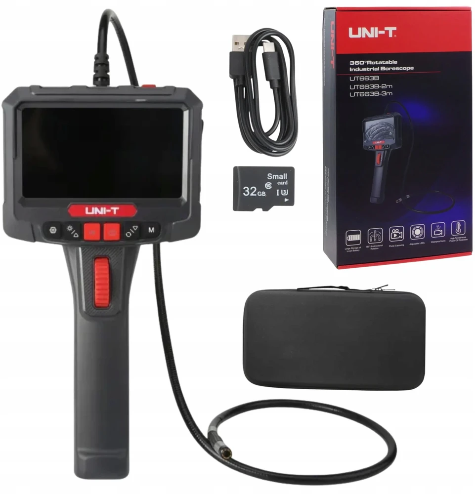 Profesionalus boroskopas su 360° sukinėjamu galu, 5.0", 70°, 8mm, 1m, CMOS, IP67, 32GB, UNI-T