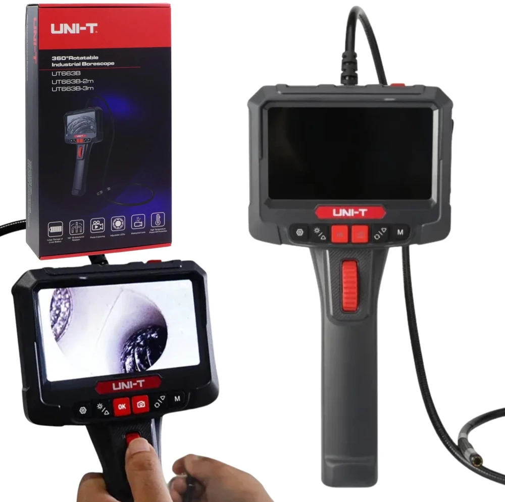 Profesionalus boroskopas su 360° sukinėjamu galu, 5.0", 70°, 8mm, 1m, CMOS, IP67, 32GB, UNI-T
