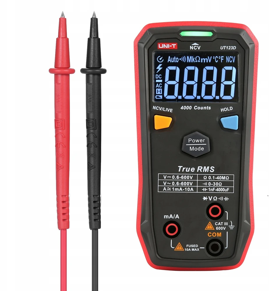Skaitmeninis multimetras klavišinis 600V AC/DC, 10A AC/DC, NCV, 40MOm, 4000uF, -40-300C, 4000, CAT III 600V, UNI-T