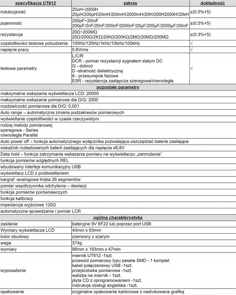 Unit Multimetras UT612 LCR matuoklis, su diodu, tranzistoriu ir nuolatines grandines tikrinimu UNI-T