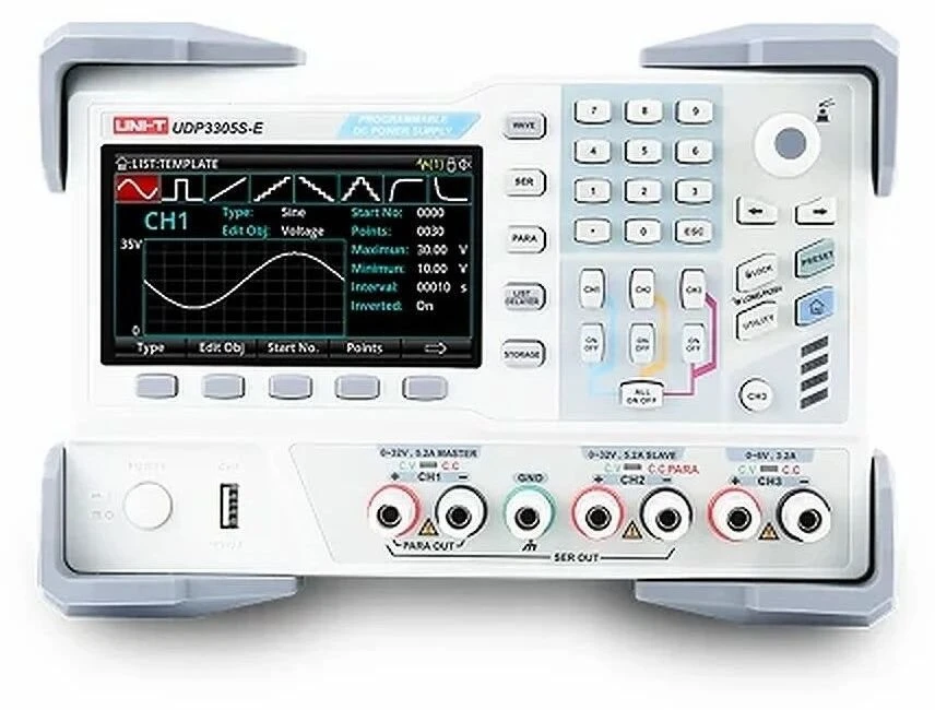 Programuojamas DC maitinimo šaltinis, 4kanalai, 328W, CH1/CH2:0~30V/5A CH3:0~6V/3A, CH4:5V, 2A, 10mV, 1mA RS232, RS485, USB, LAN, UNI-T