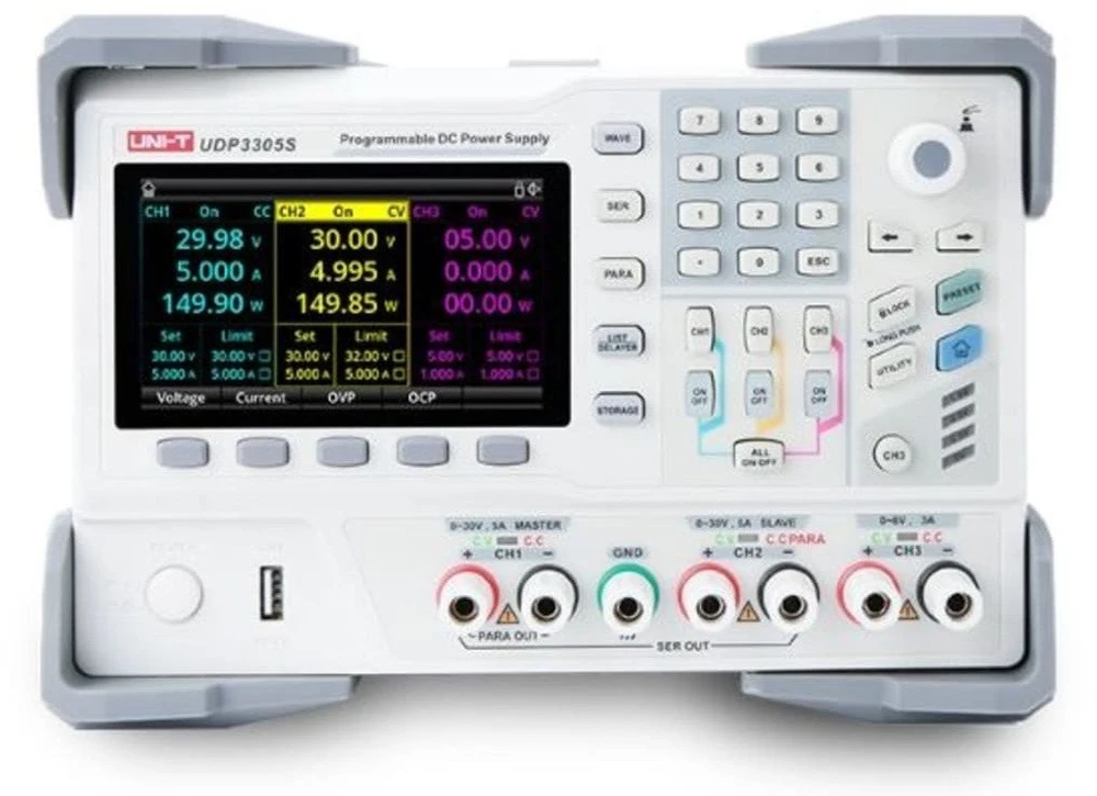 Programuojamas DC maitinimo šaltinis, 4kanalai, 328W, CH1/CH2:0~30V/5A CH3:0~6V/3A, CH4:5V, 2A, 10mV, 1mA RS232, RS485, USB, LAN, UNI-T