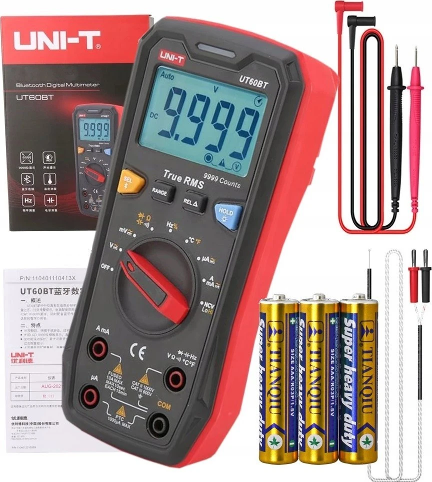 Skaitmeninis multimetras DC/AC1000V; DC/AC 10A; 100MΩ; 10mF; 10MHz; -40-1000C; Bluetooth, UNI-T