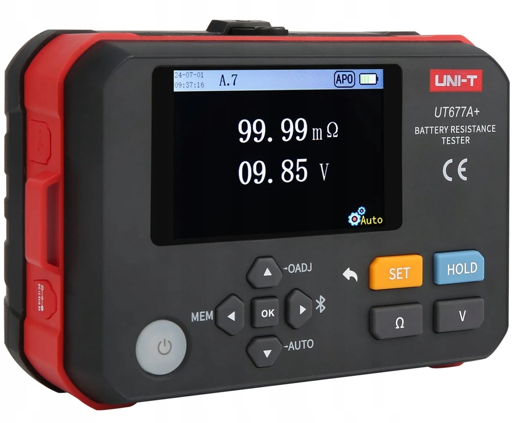 Akumuliatoriaus varžos matuoklis, 0.000mOm~3Om; 0.000V~71.00V, 4 laidų matavimo metodas; 500 matavimų atmintis, Bluetooth, UNI-T