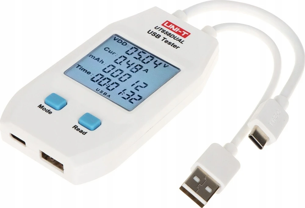 USB-A, USB-C testeris, QC1.0/ 2.0/ 3.0/ 4.0 (C tipas) ir QC1.0/ 2.0/ 3.0 (A tipas) protokolai, 0~99999mAh; 0~1000Wh; 1~480?, 4~24VDC, UNI-T