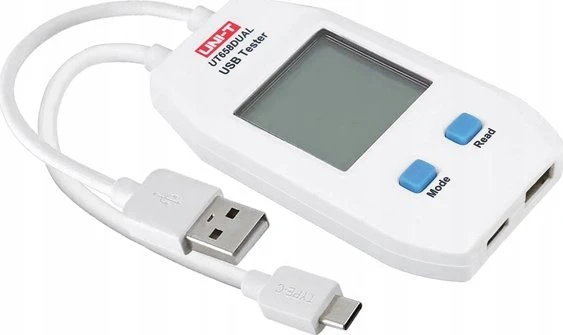 USB-A, USB-C testeris, QC1.0/ 2.0/ 3.0/ 4.0 (C tipas) ir QC1.0/ 2.0/ 3.0 (A tipas) protokolai, 0~99999mAh; 0~1000Wh; 1~480?, 4~24VDC, UNI-T