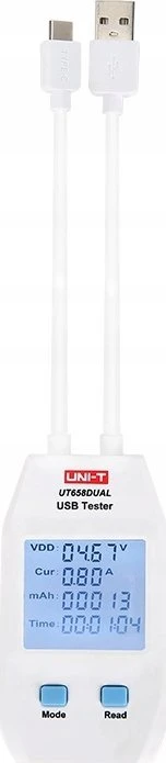 USB-A, USB-C testeris, QC1.0/ 2.0/ 3.0/ 4.0 (C tipas) ir QC1.0/ 2.0/ 3.0 (A tipas) protokolai, 0~99999mAh; 0~1000Wh; 1~480?, 4~24VDC, UNI-T