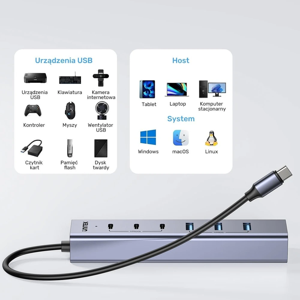 „Unitek Active USB-C“ šakotuvas, 3x USB-C, 10 Gbps, 4x USB-A