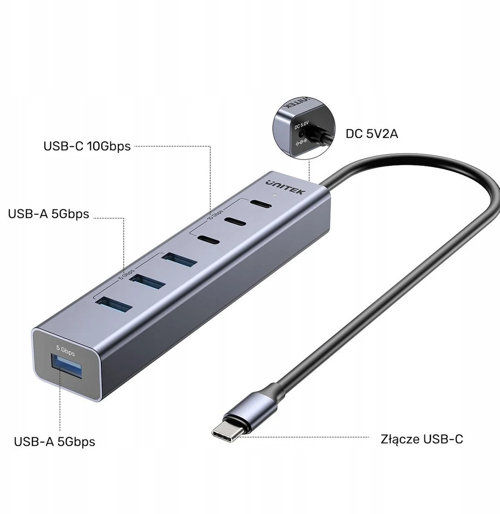 „Unitek Active USB-C“ šakotuvas, 3x USB-C, 10 Gbps, 4x USB-A