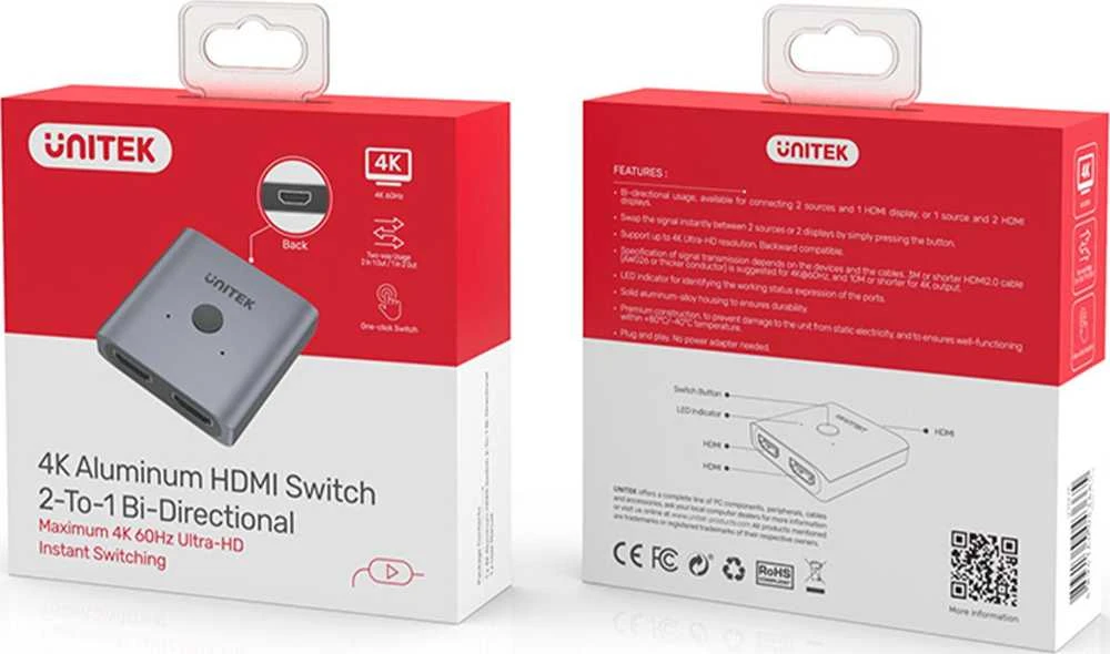 UNITEK V1127A Aliuminio HDMI 2.0 4K jungiklis 2-to-1 dvikryptis