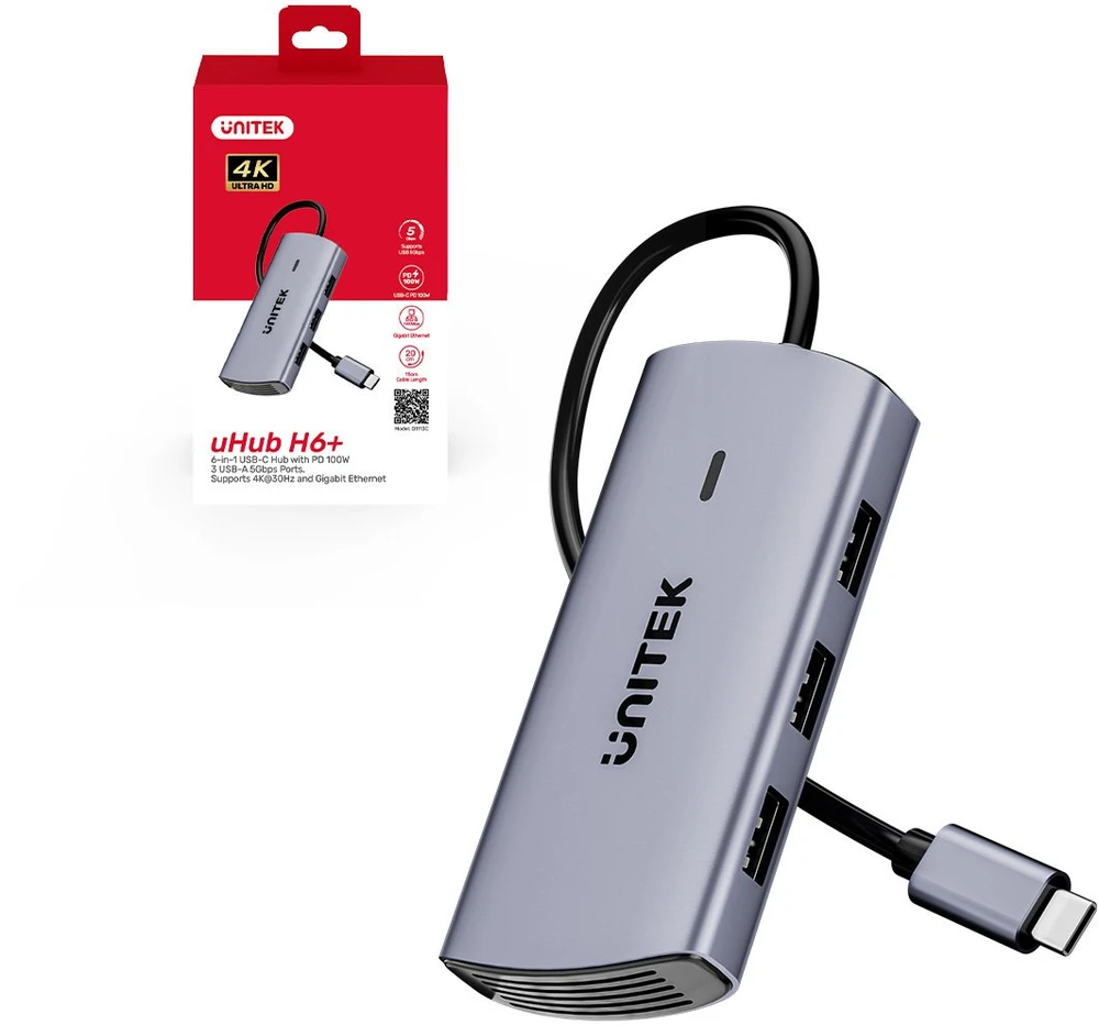 UNITEK HUB USB-C 6IN1 USB-A 5GBPS PD100W HDMI RJ45
