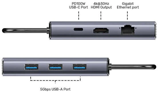 Unitek USB-C 6w1 | 3x USB-A | 5 Gbps | PD 100 W | HDMI 4K@30Hz | RJ45