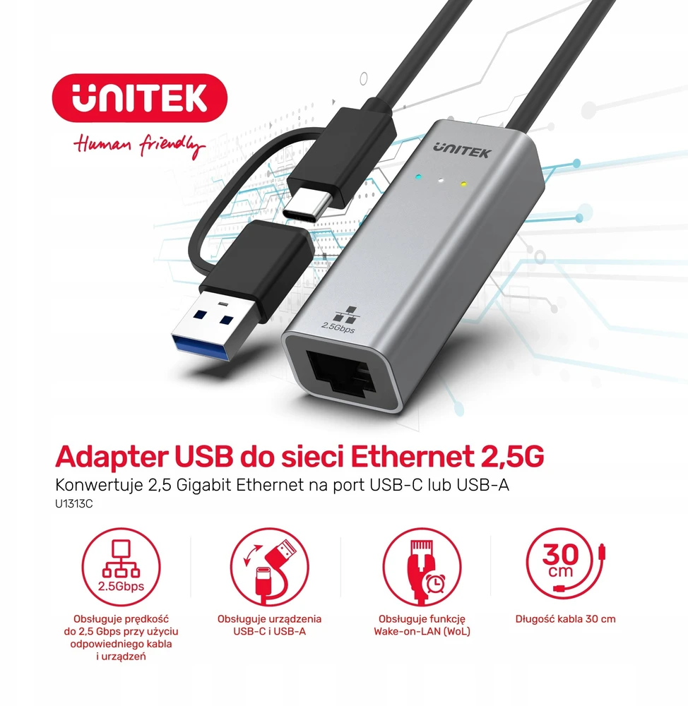 „Unitek“ adapteris USB-A/C 3.1 Gen1 RJ45; 2,5 Gbps; U1313C