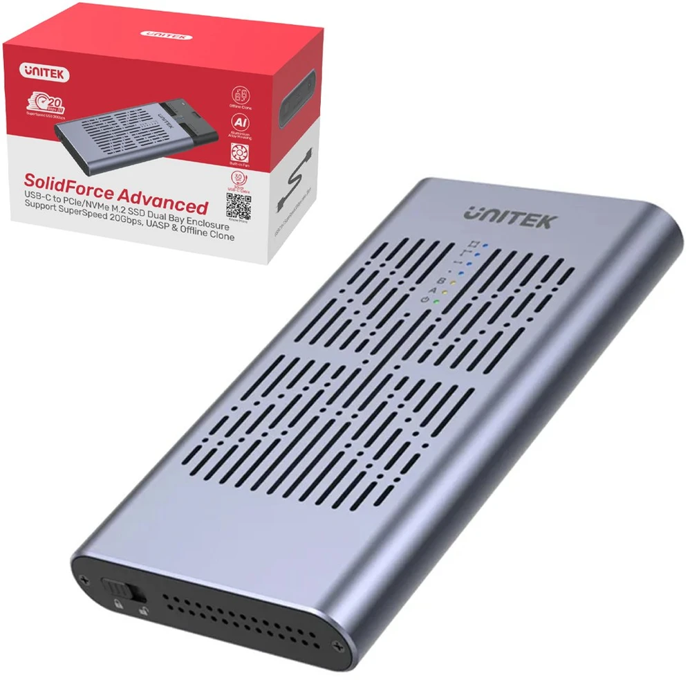UNITEK SolidForce USB-C į PCIe / NVMe M.2 SSD 10 Gbps dviejų skyrių korpusas su neprisijungus veikiančiu klonu S1206A
