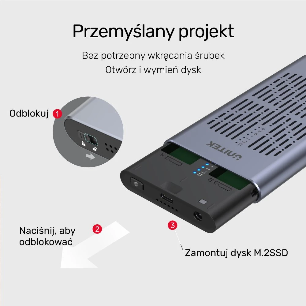 UNITEK SolidForce USB-C į PCIe / NVMe M.2 SSD 10 Gbps dviejų skyrių korpusas su neprisijungus veikiančiu klonu S1206A