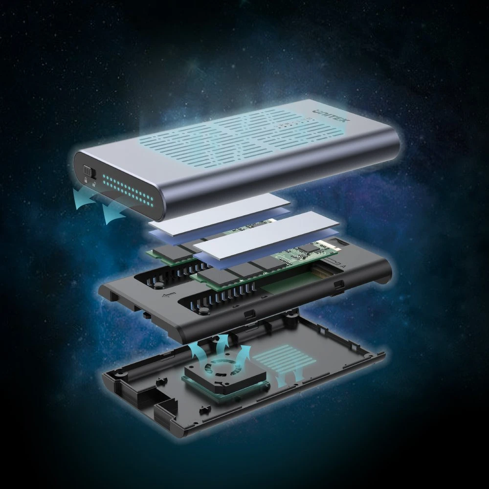 UNITEK SolidForce USB-C į PCIe / NVMe M.2 SSD 10 Gbps dviejų skyrių korpusas su neprisijungus veikiančiu klonu S1206A