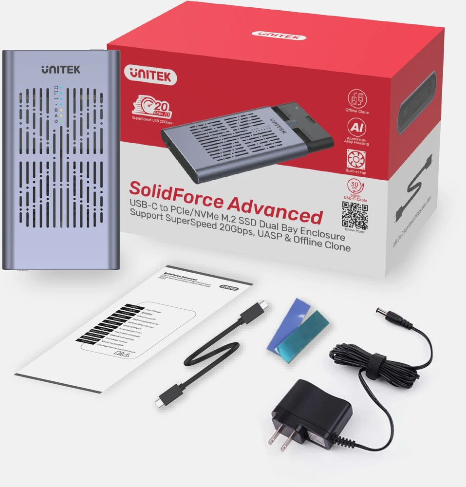 UNITEK SolidForce USB-C į PCIe / NVMe M.2 SSD 10 Gbps dviejų skyrių korpusas su neprisijungus veikiančiu klonu S1206A