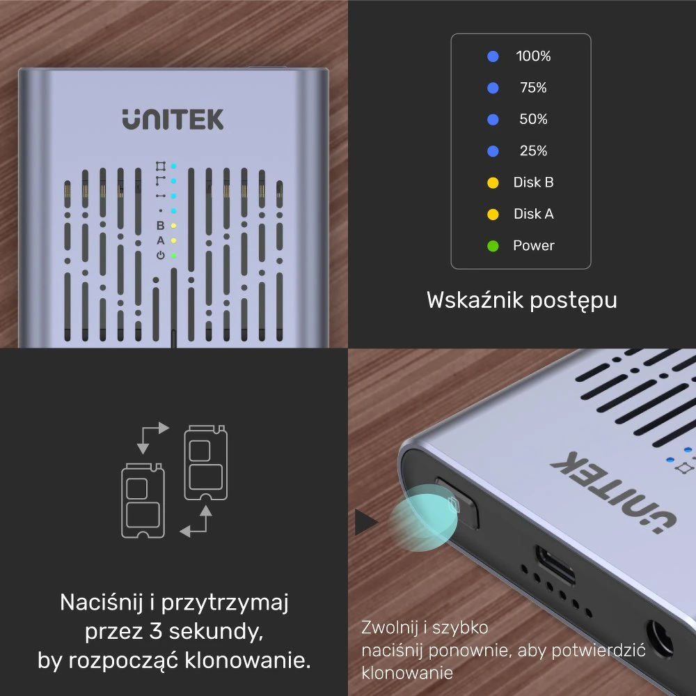 UNITEK SolidForce USB-C į PCIe / NVMe M.2 SSD 10 Gbps dviejų skyrių korpusas su neprisijungus veikiančiu klonu S1206A