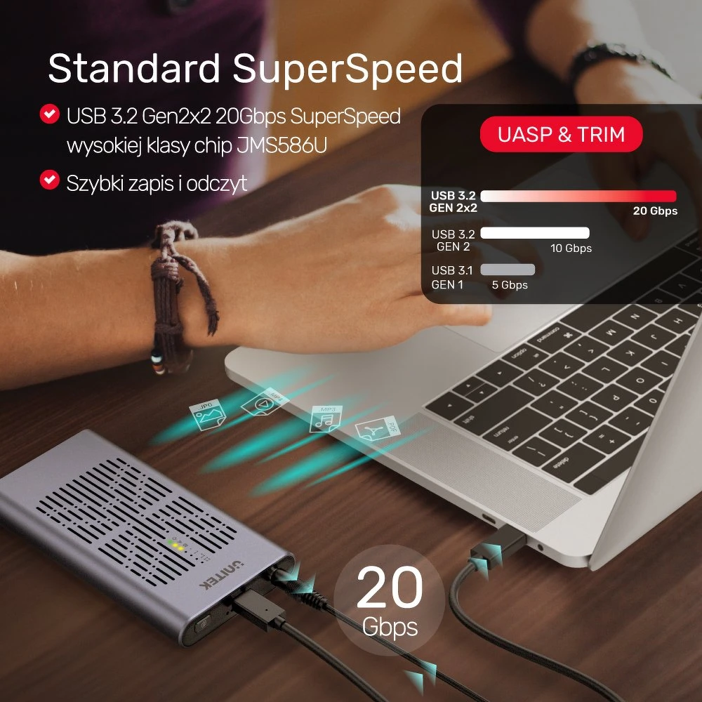 UNITEK SolidForce USB-C į PCIe / NVMe M.2 SSD 10 Gbps dviejų skyrių korpusas su neprisijungus veikiančiu klonu S1206A