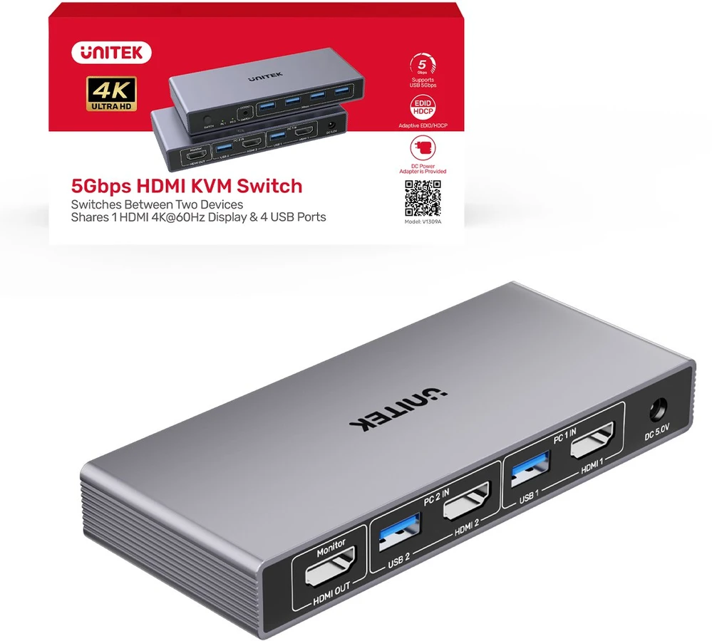 KOMUTATORIUS HDMI + USB KVM V1309AGY01-EU 4K UHD UNITEK