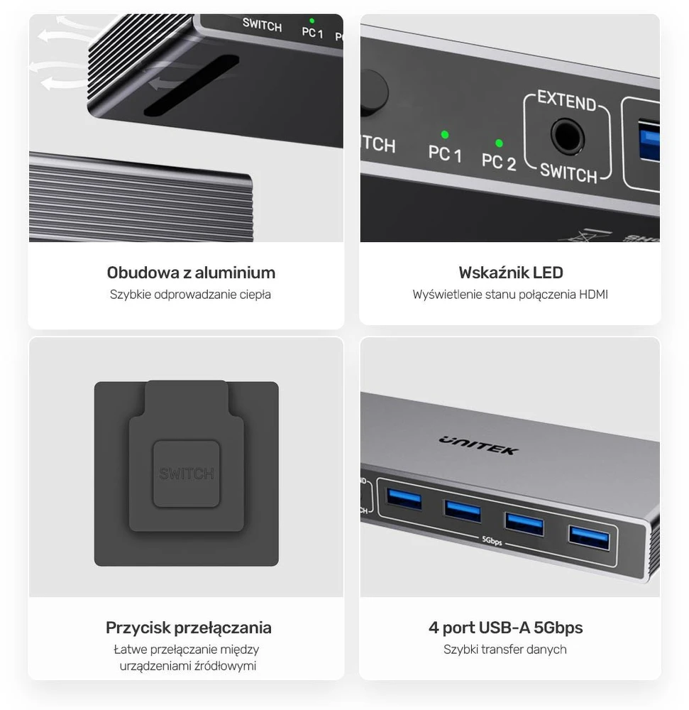 KOMUTATORIUS HDMI + USB KVM V1309AGY01-EU 4K UHD UNITEK