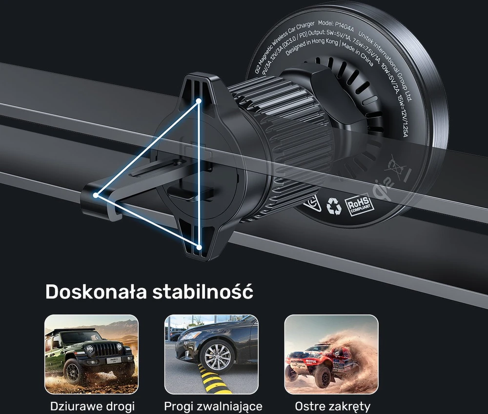 Laikiklis automobilinis Unitek 38W, Qi2