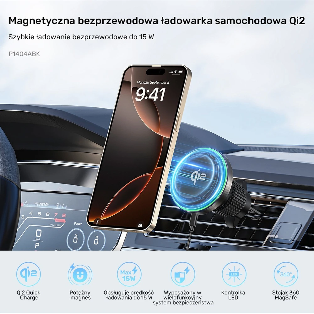 Laikiklis automobilinis Unitek 38W, Qi2