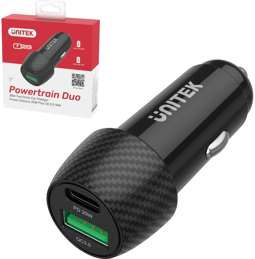 Automobilinis Įkroviklis - Unitek P1400A 38W USB-A USB-C QC 3.0