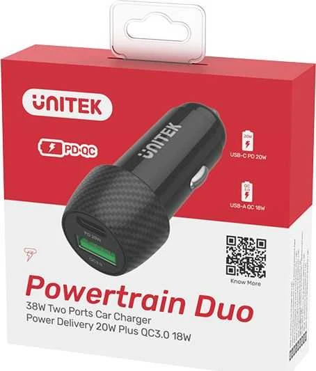 Automobilinis Įkroviklis - Unitek P1400A 38W USB-A USB-C QC 3.0