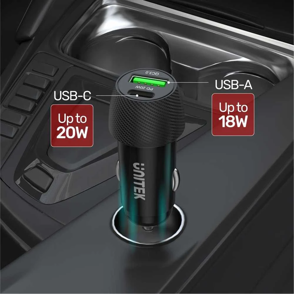 Automobilinis Įkroviklis - Unitek P1400A 38W USB-A USB-C QC 3.0