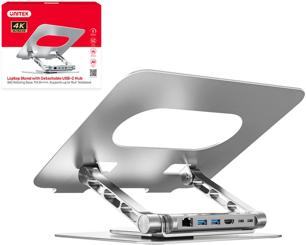 Reguliuojamas nešiojamojo kompiuterio stovas + USB-C HDMI šakotuvas Unitek D1109B01 PD 100W