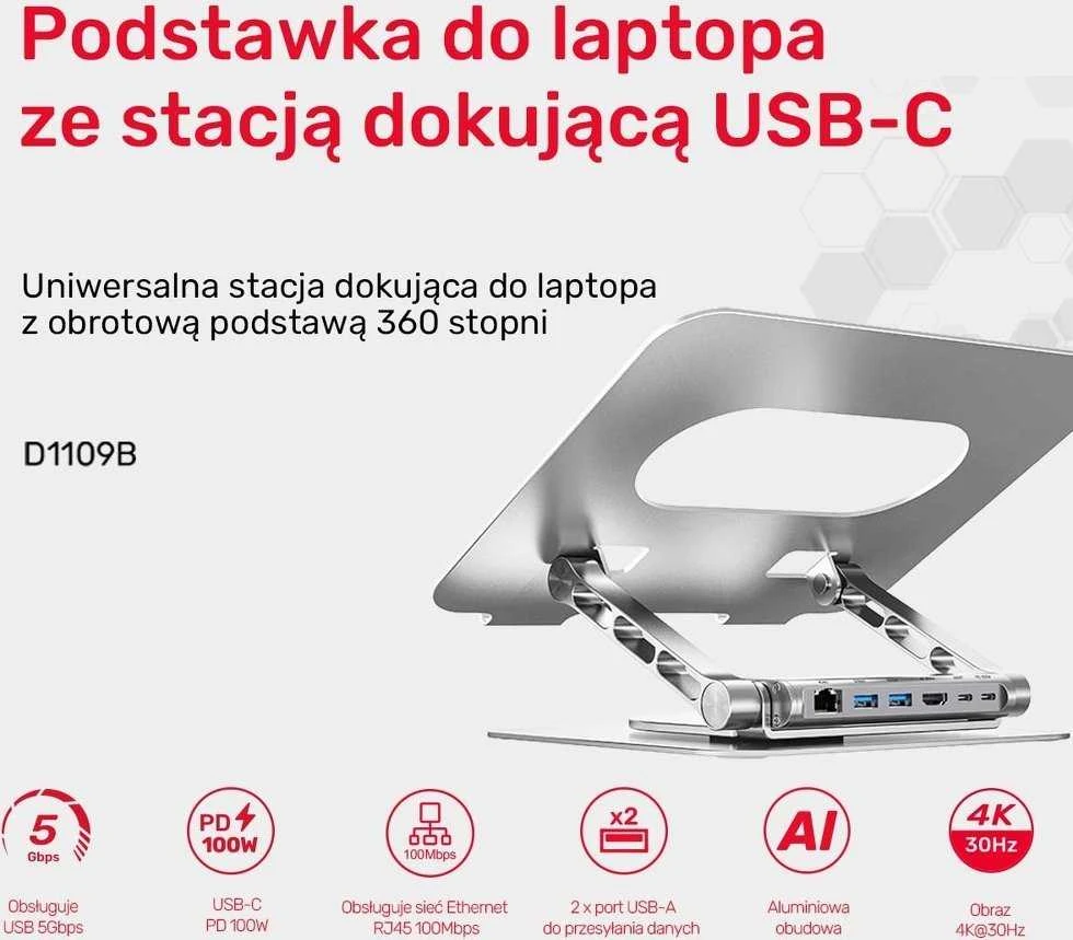 Reguliuojamas nešiojamojo kompiuterio stovas + USB-C HDMI šakotuvas Unitek D1109B01 PD 100W