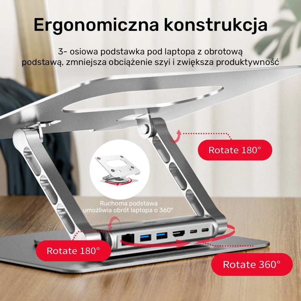 Reguliuojamas nešiojamojo kompiuterio stovas + USB-C HDMI šakotuvas Unitek D1109B01 PD 100W