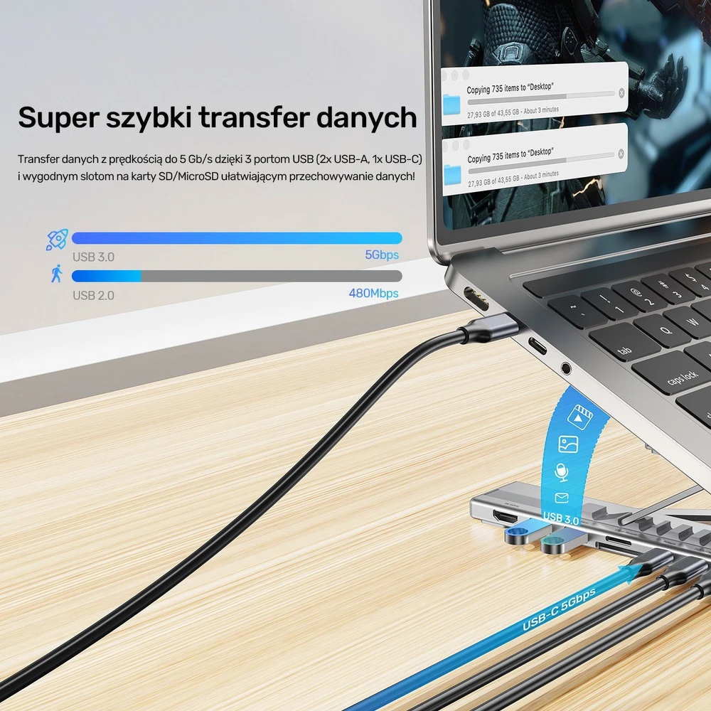UNITEK D1137AGY01 nešiojamojo kompiuterio prijungimo stotelė / prievadų replikatorius, USB 3.2 Gen 1 (3.1 Gen 1) Type-C Sidabrinis