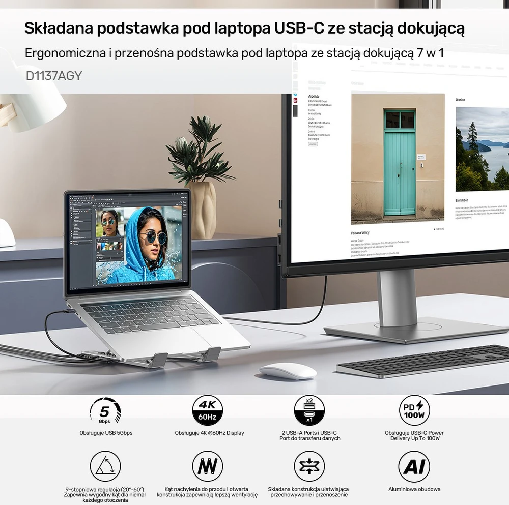 UNITEK D1137AGY01 nešiojamojo kompiuterio prijungimo stotelė / prievadų replikatorius, USB 3.2 Gen 1 (3.1 Gen 1) Type-C Sidabrinis