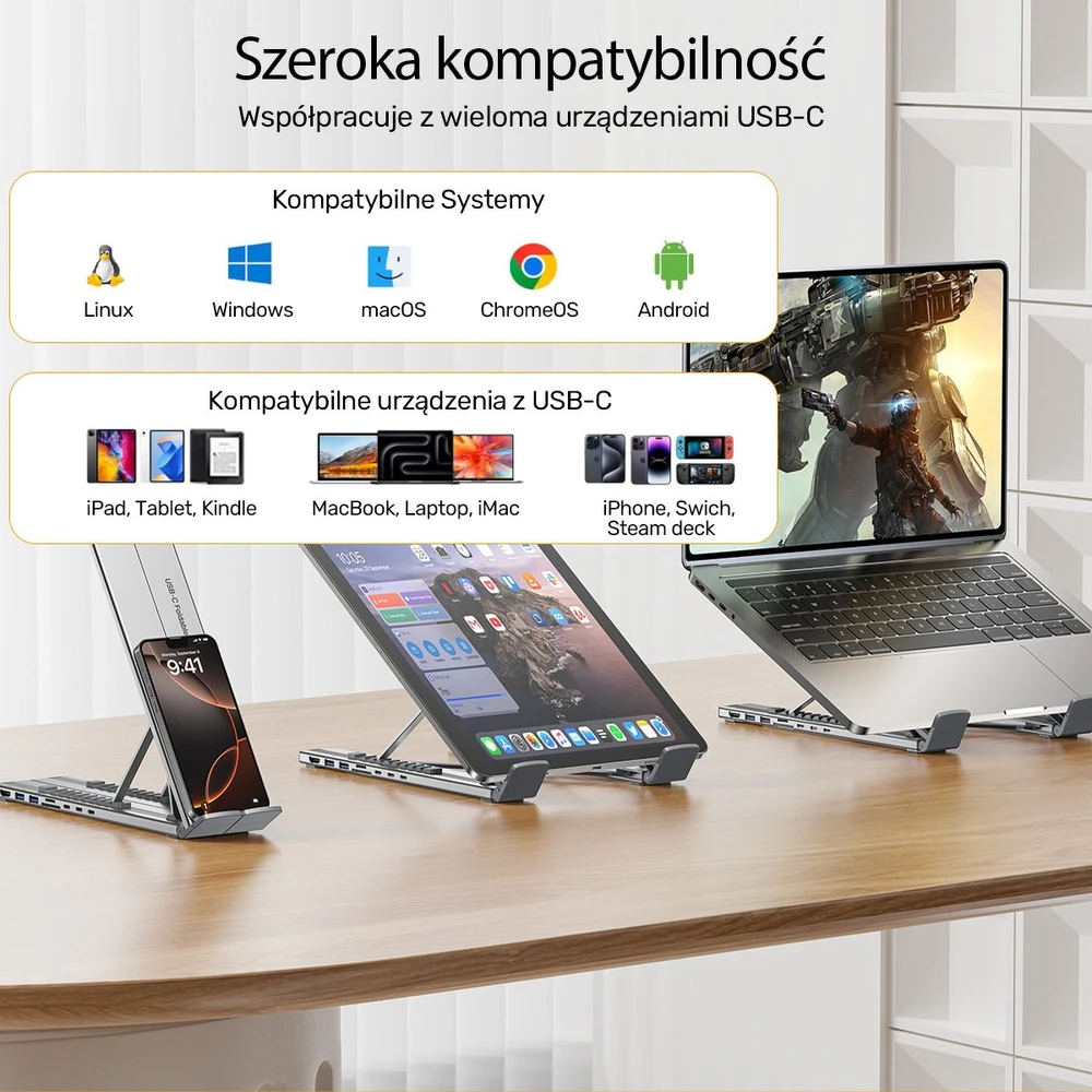 UNITEK D1137AGY01 nešiojamojo kompiuterio prijungimo stotelė / prievadų replikatorius, USB 3.2 Gen 1 (3.1 Gen 1) Type-C Sidabrinis