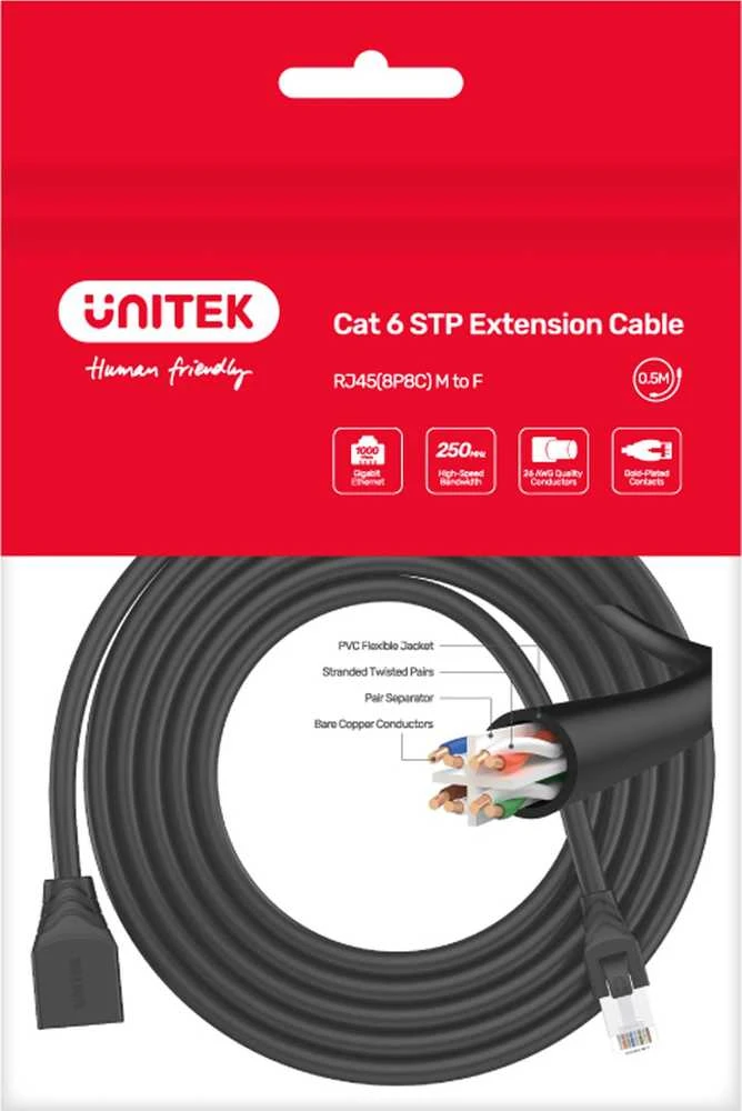 UNITEK Cat 6 STP 8P8C RJ45 Ethernet ilgintuvas M/F 5m C1896BK-5M
