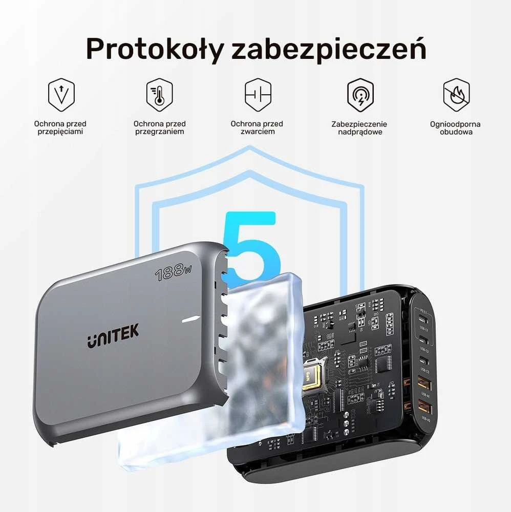 „Unitek“ 2xUSB-A 3xUSB-C GAN 188W