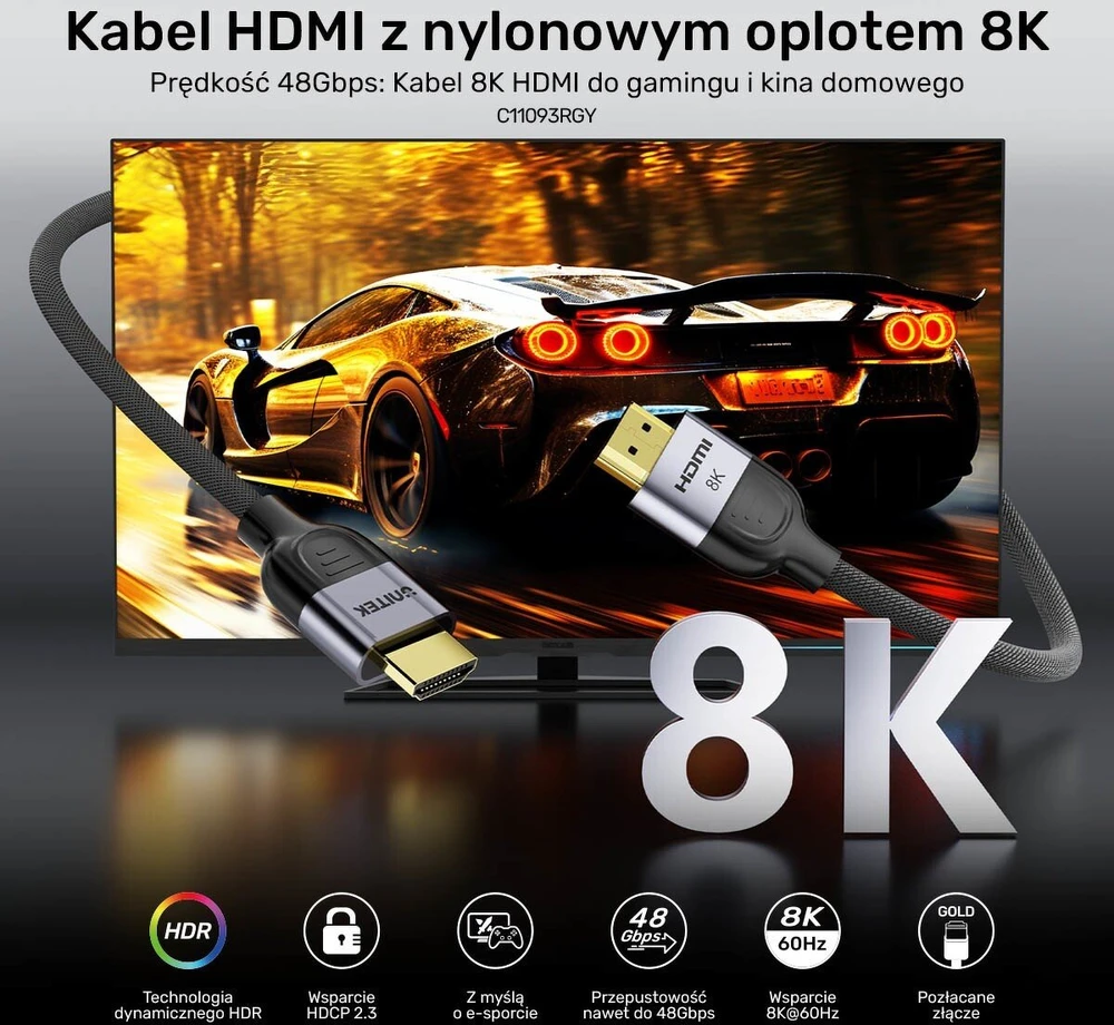 „Unitek 8K LUX HDMI 2.1“ pintas kabelis, 2 m