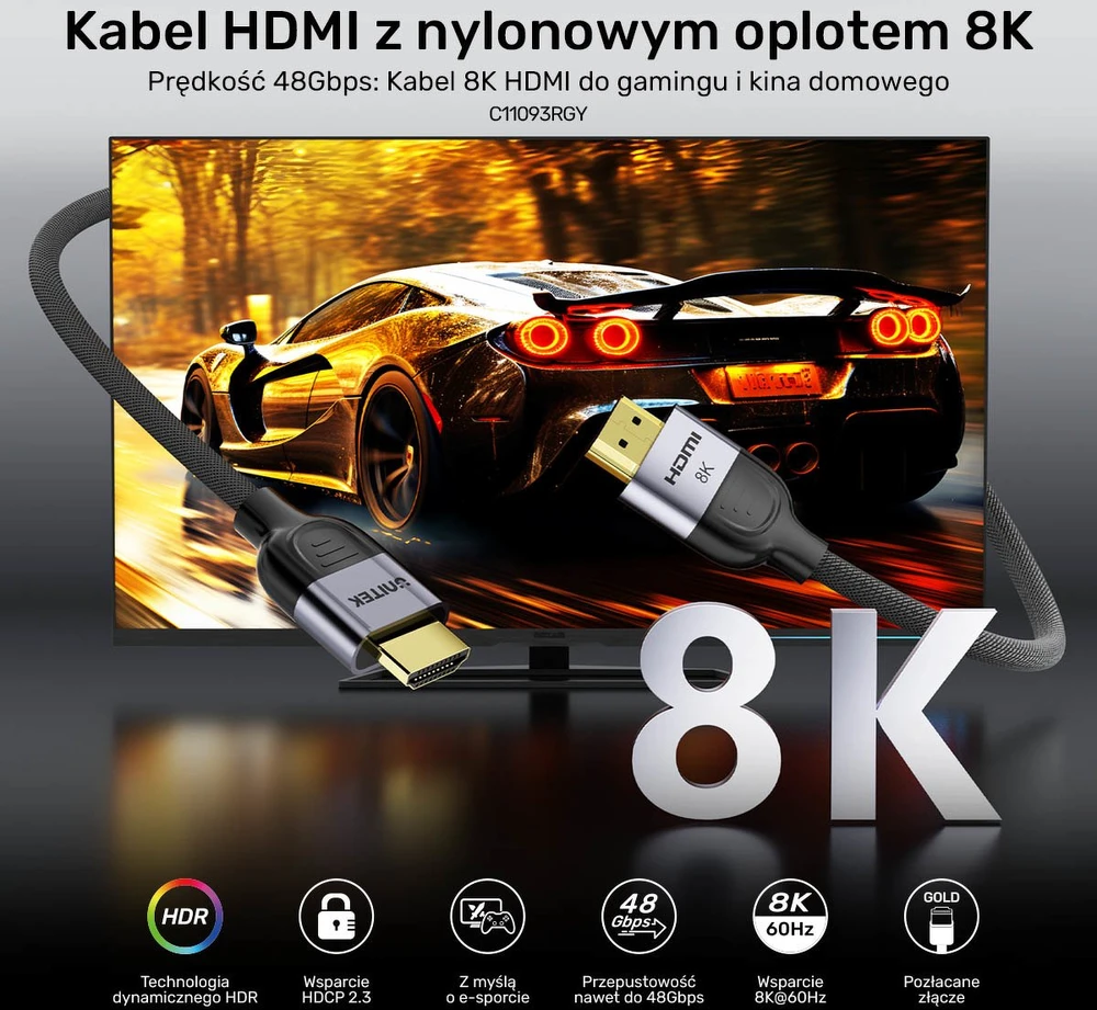 UNITEK 8K Braided Nylon 1M HDMI cable HDMI Type A (Standard) Pilkas