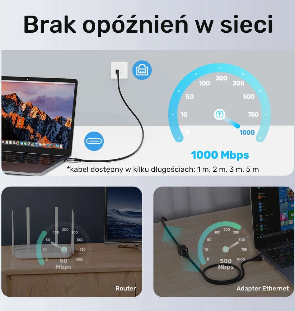 Unitek Kabelis Ethernet USB C RJ-45 LAN, tinklo kabelis, 1 m