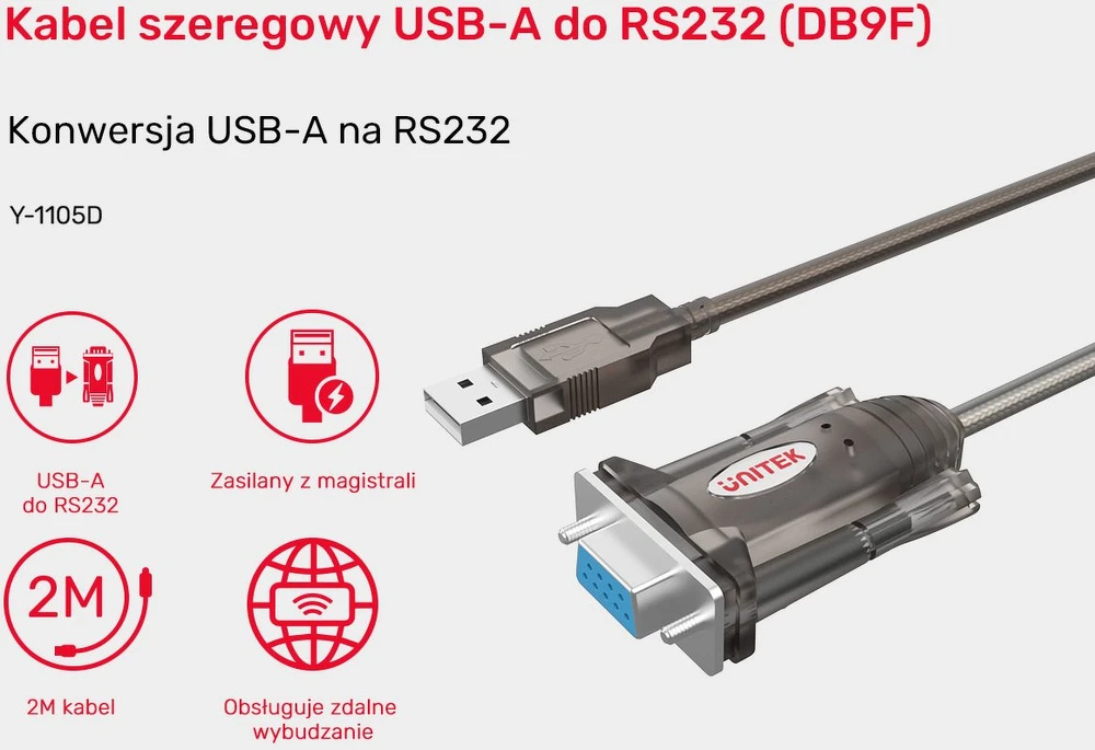 KONVERTERIS Y-1105D01 USB-A / RS232 - DB9 UNITEK