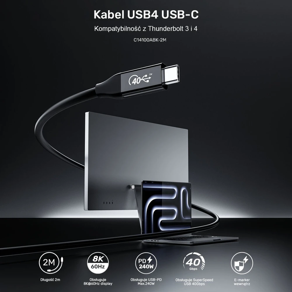 Unitek USB-C 4.0 PD 100W 40 Gbps 8K 2 m kabelis