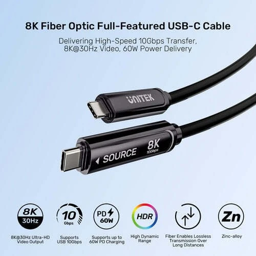 „Unitek“ optinis kabelis USB-C | 10 Gbps | PD60W | 8K@30 Hz | juodas, 15 m