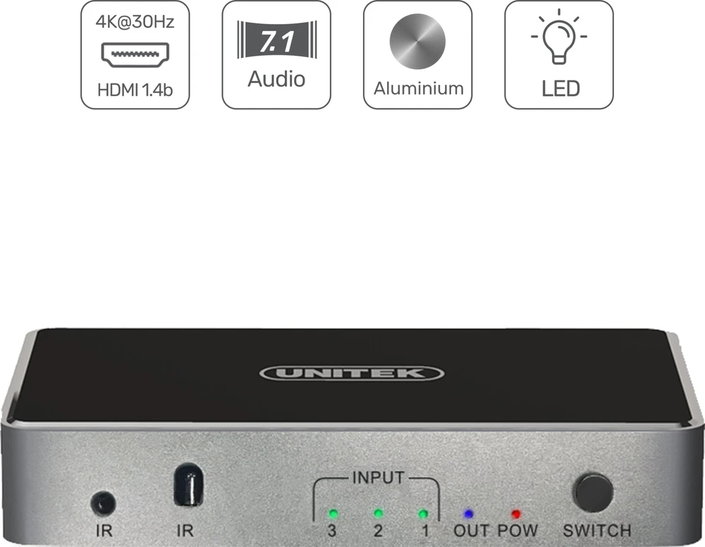 Unitek HDMI 1.4b 3 IN-1 OUT 4K signalo perjungiklis