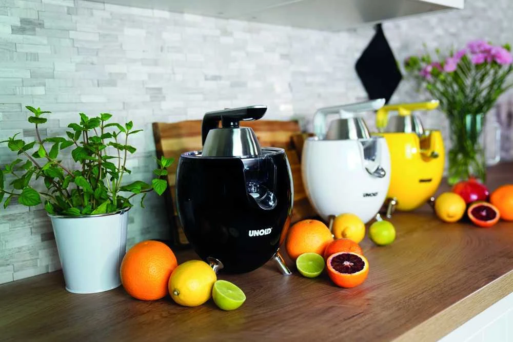Sulčiaspaudė Citrusinė Spaudimo Mašina - Unold Citrus Press Power Juicy 300W, svirties rankena, 2 antgaliai, juoda sidabrinė