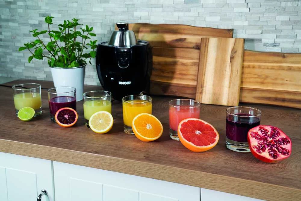 Sulčiaspaudė Citrusinė Spaudimo Mašina - Unold Citrus Press Power Juicy 300W, svirties rankena, 2 antgaliai, juoda sidabrinė