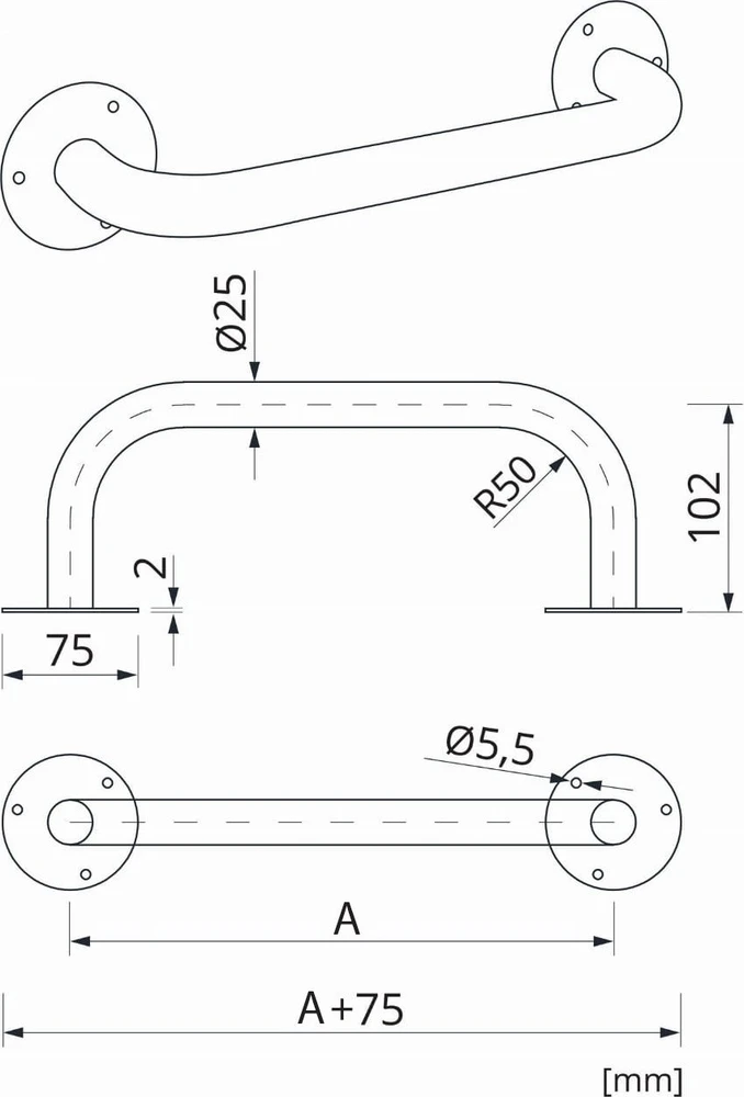 UP-3 / CORRADOMED / Tiesi rankena, balta 300 mm FI25