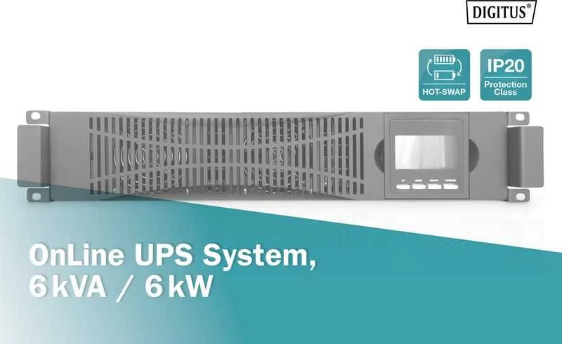 Digitus Skaitmenas | Internetinis UPS | OnLine UPS modulis DN-170106, 6000VA, 6000W, 2U, 1x USB 2.0 tipas B, 1x RS232, LCD, LED, Pure Sine Wave, 440x86.5x620mm, 14kg | 6000 VA | 6000 W
